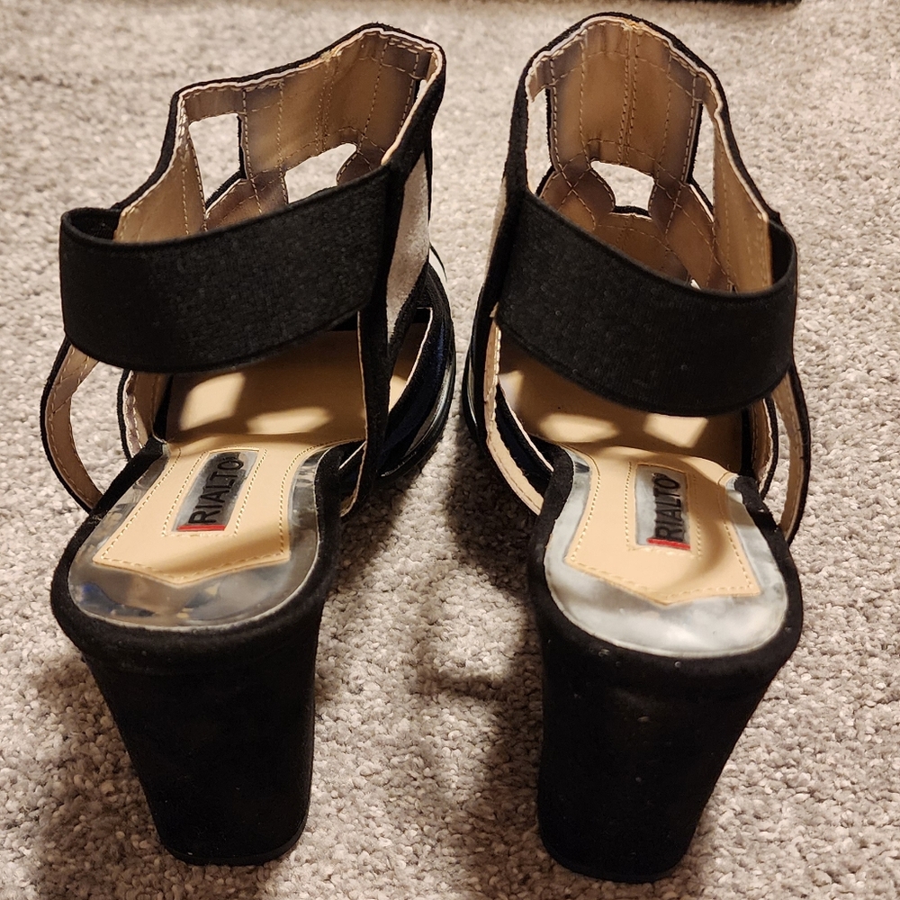Rialto "Welth" open toe heeled sandals, navy/tan multi-color sueded, sz: 8.5 NIB - Picture 6 of 11